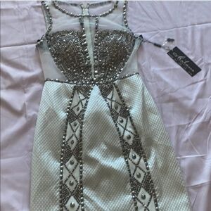 Milano 10P petite cocktail prom hoco white silver sheer dress